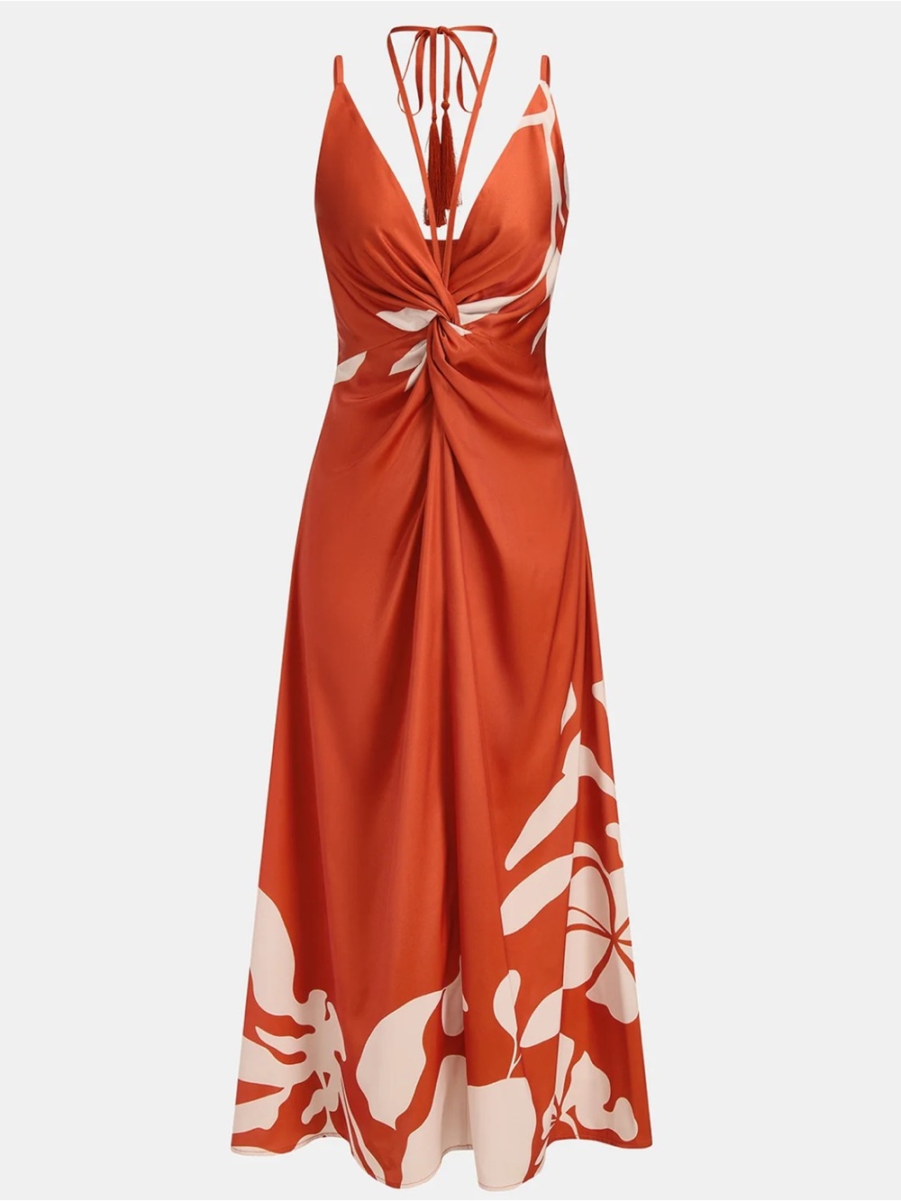 Commense Rust Maxi Dress with Cream Botanical Print Tassel Detail Size L